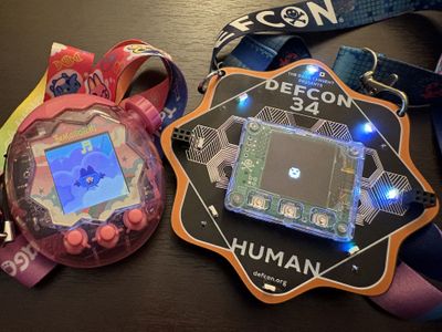 A Tamagotchi Paradise in a translucent dark pink glitter shell beside a black DEFCON badge with a Baochip-1x in a translucent case displaying an original Tamagotchi on it